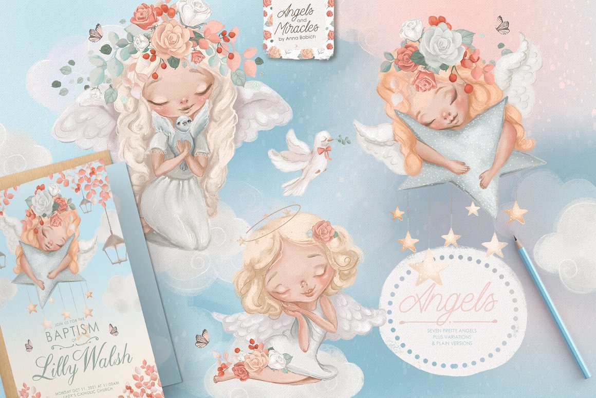3 different watercolor illustrations of compositions with angels on a pink-blue background.