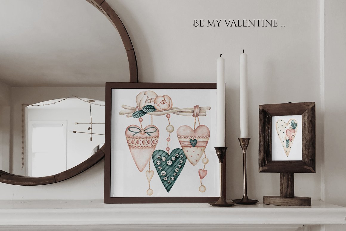 Painting with watercolor illustration of hearts in wooden frame.