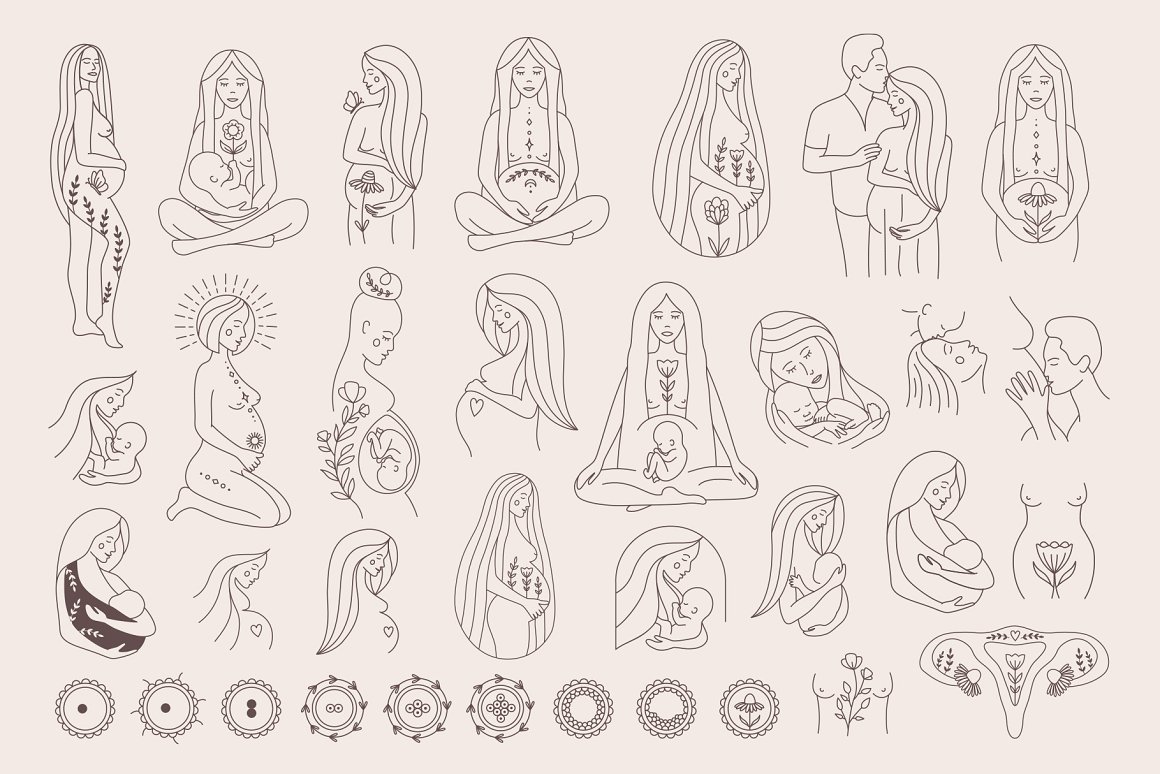 34 woman and elements illustrations on a gray background.