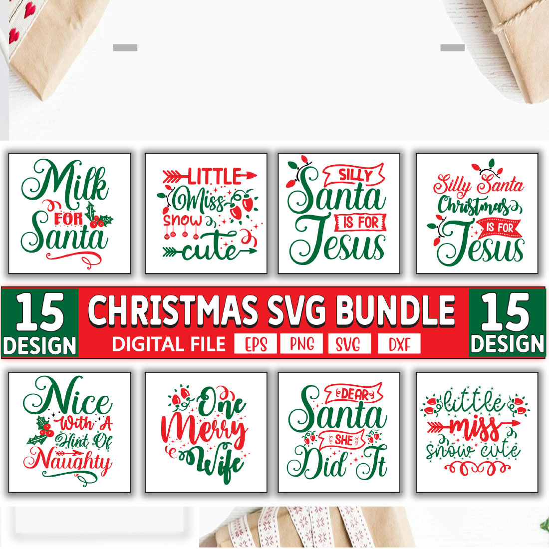 Big SVG Bundle with 15 Christmas designs.