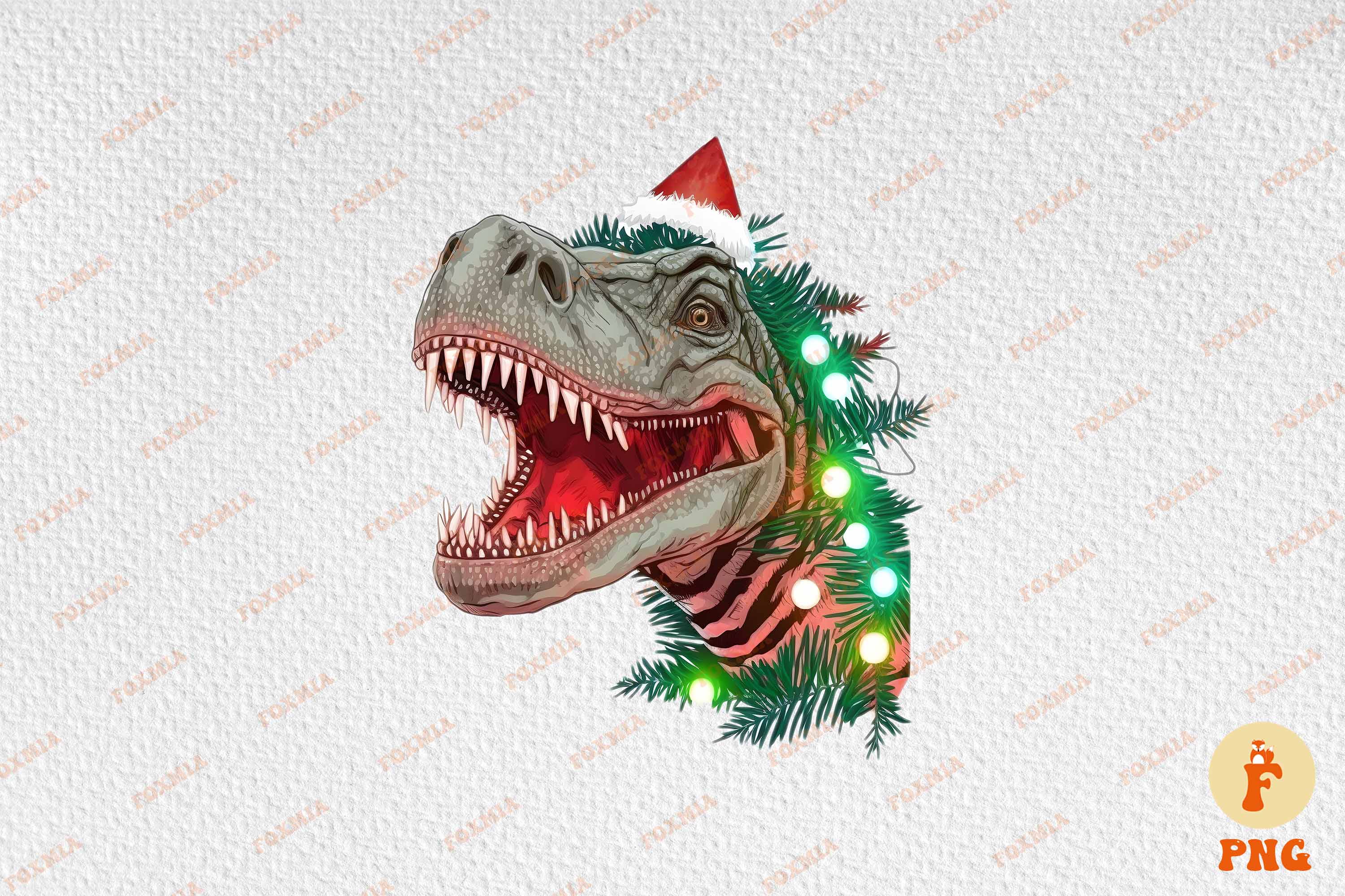 Colorful image of dinosaur wearing santa hat.