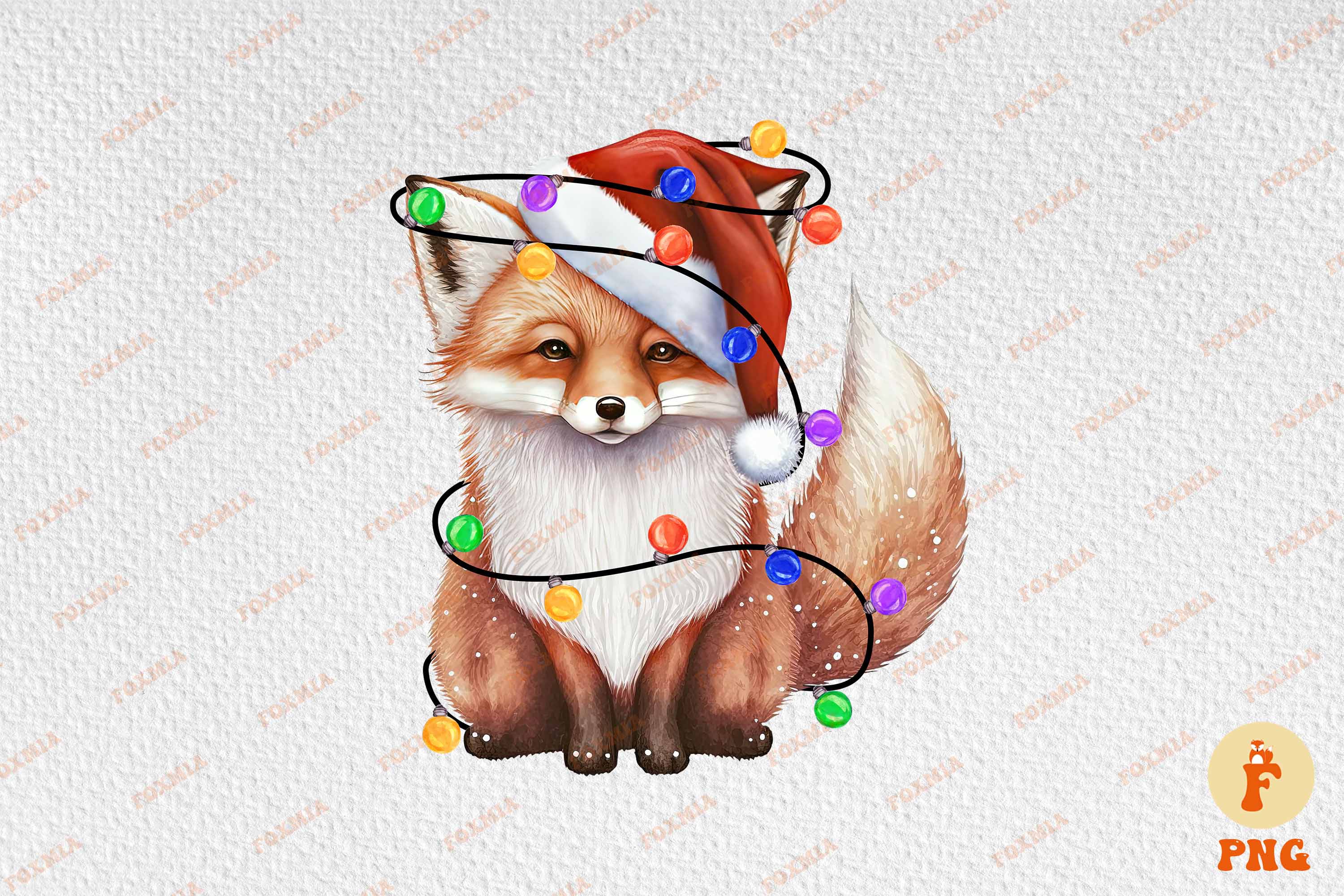 Colorful image of fox in santa hat.