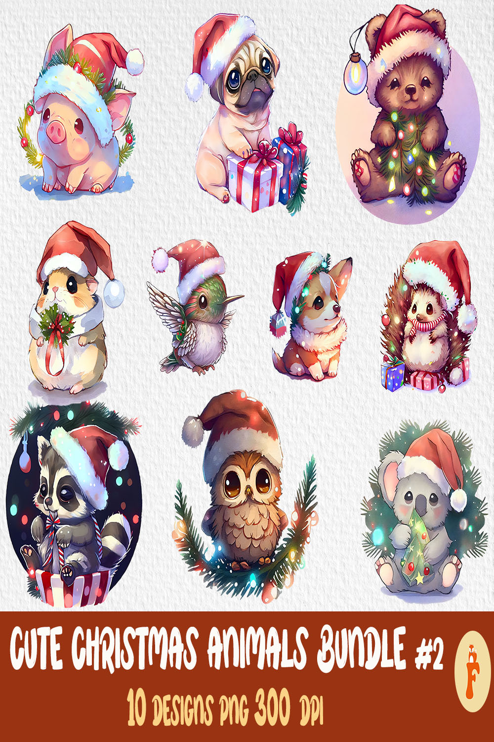 Collection of adorable images of animals in Christmas clothes.