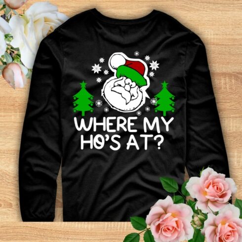 Image of a black sweatshirt with a funny print on the Christmas theme.