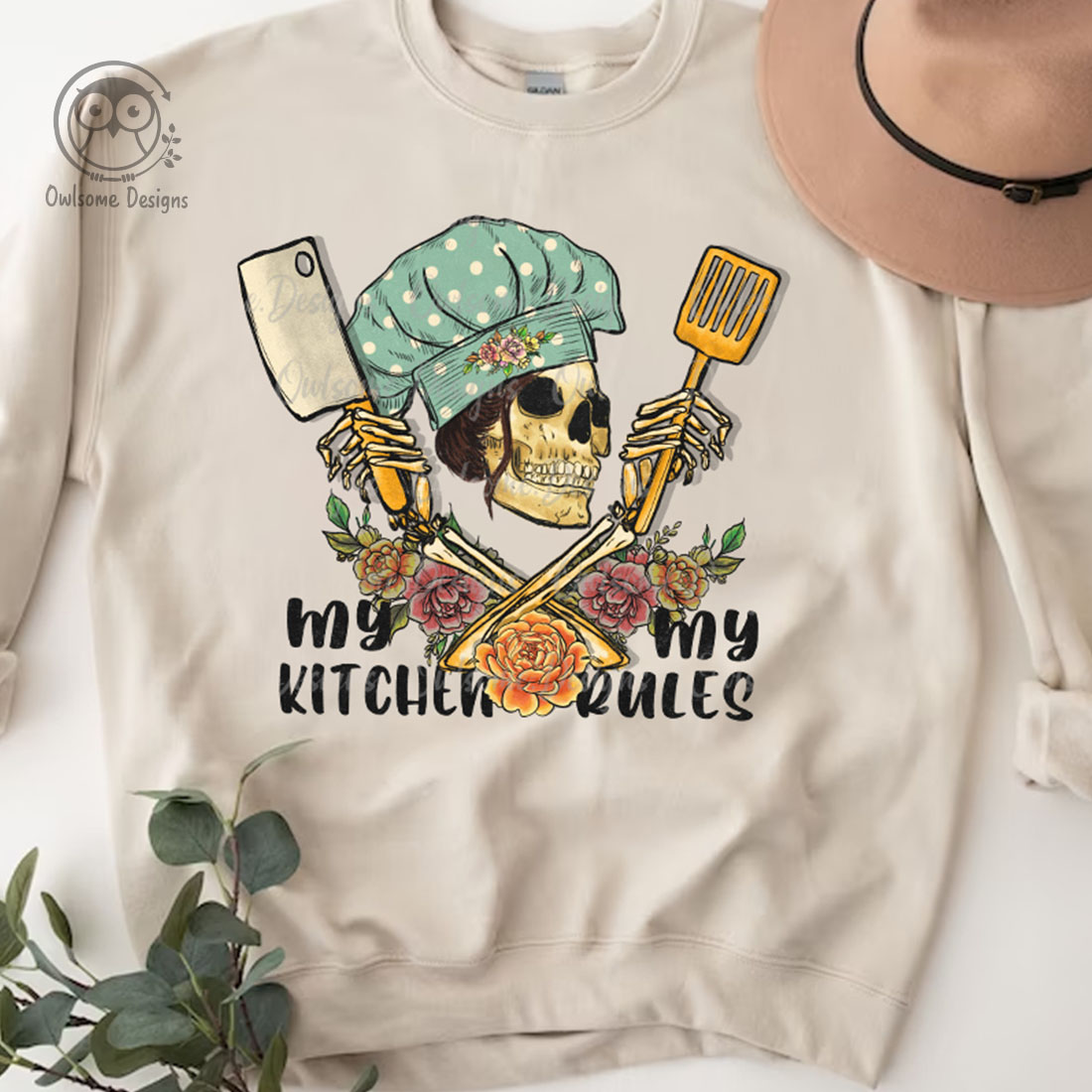 Image of irresistible skeleton print sweatshirt with kitchen utensils.