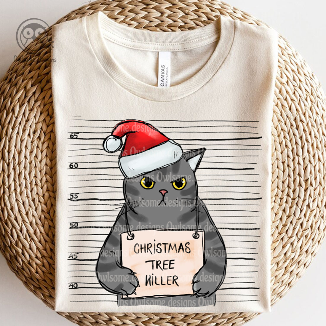 T-shirt image with adorable print of criminal cat wearing santa hat.