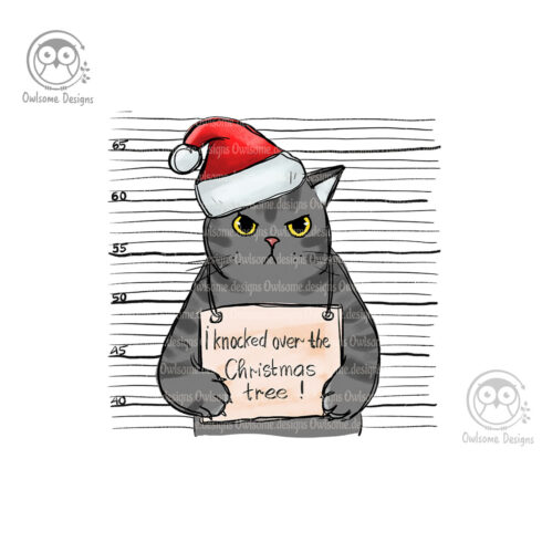 Colorful image with cat criminal in santa hat.