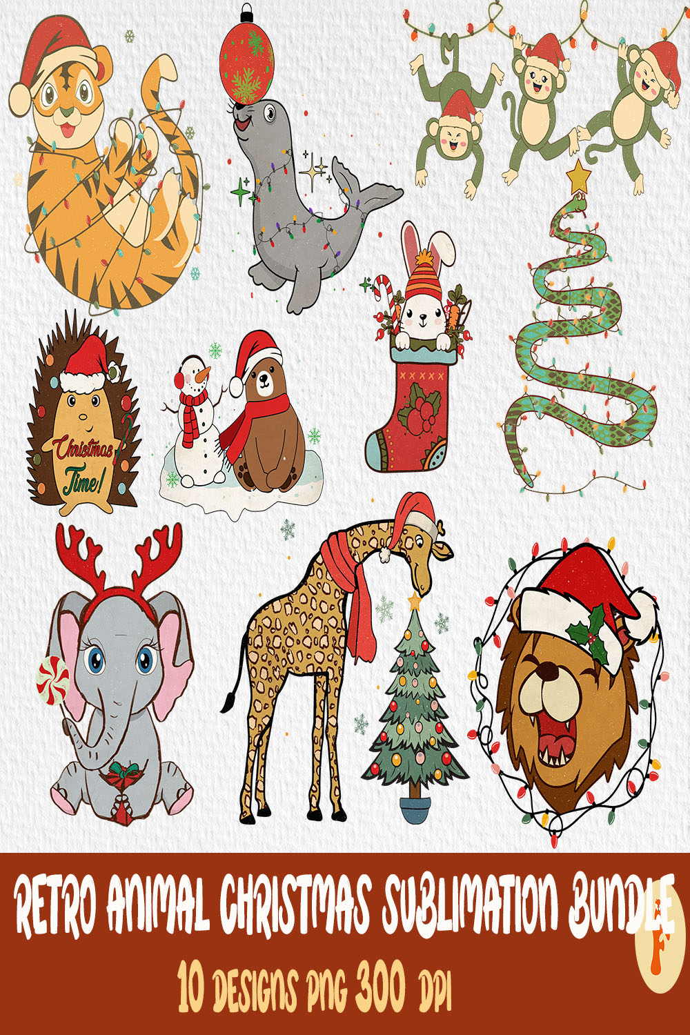 Set of colorful images of animals in Christmas hats.