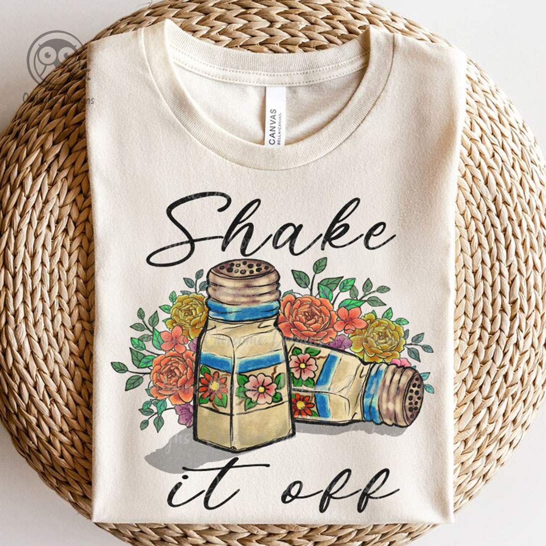 Image of T-shirt with unique print of salt and pepper shaker.