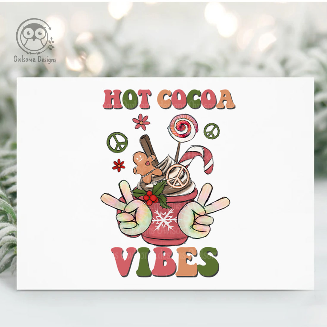 Hot Cocoa Vibes Hippie Christmas Sublimation Design preview image.