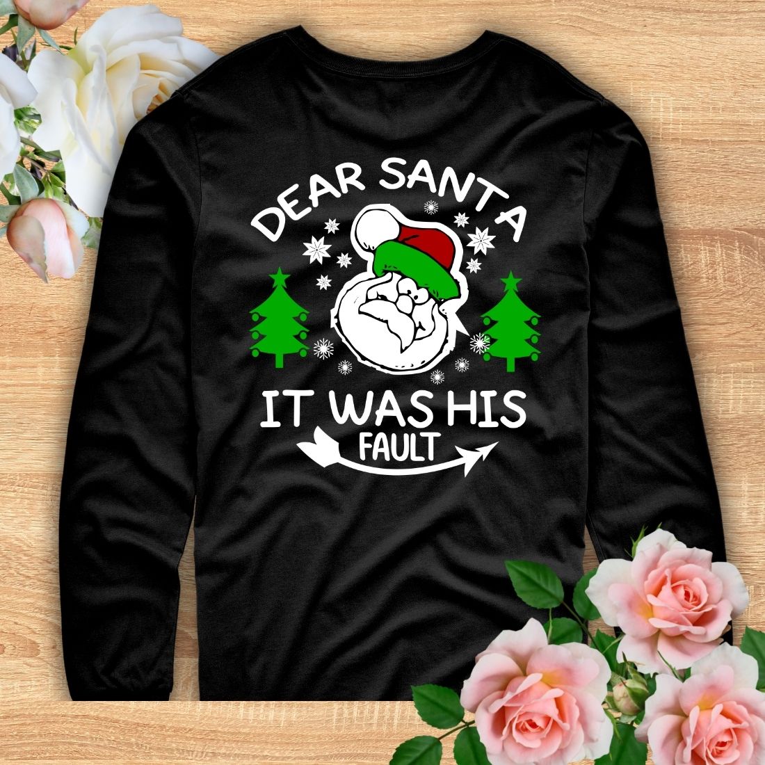 Image of a black sweatshirt with a beautiful print on the Christmas theme.