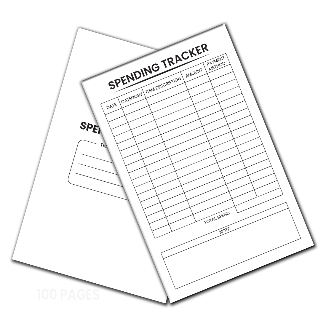 Image with blank colorful pages and cover of spending tracker.