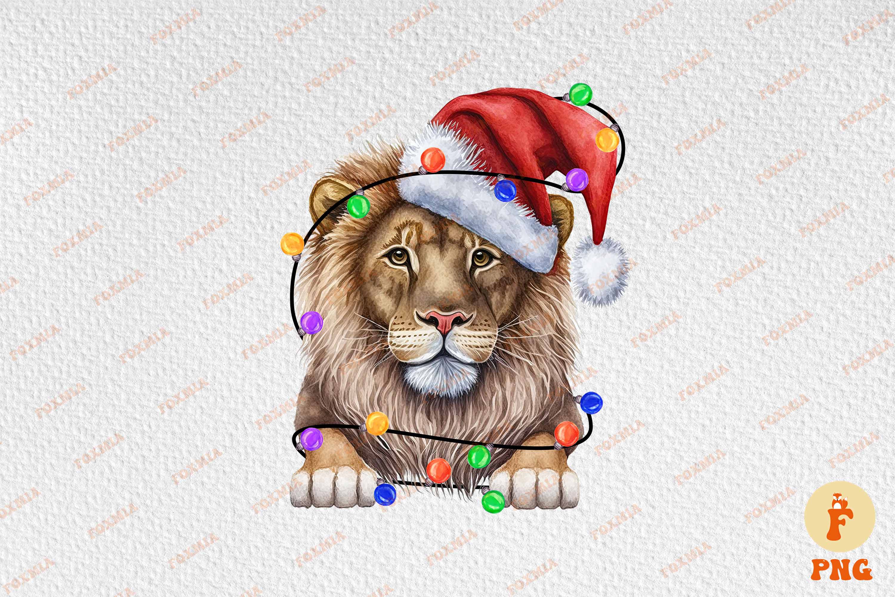 Beautiful image of a lion wearing a santa hat.
