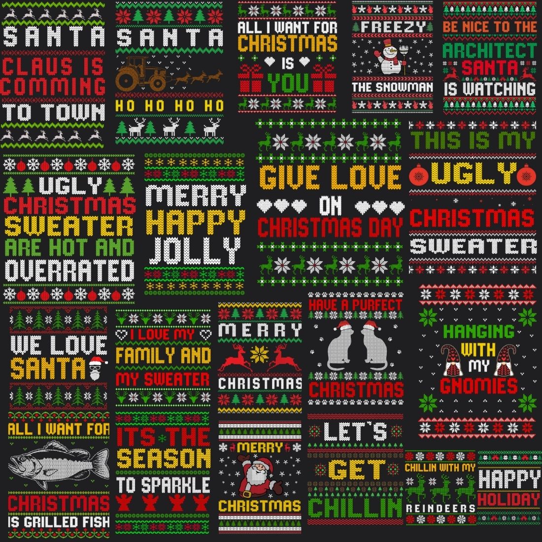 Big diversity of Ugly Christmas Sweater Designs.