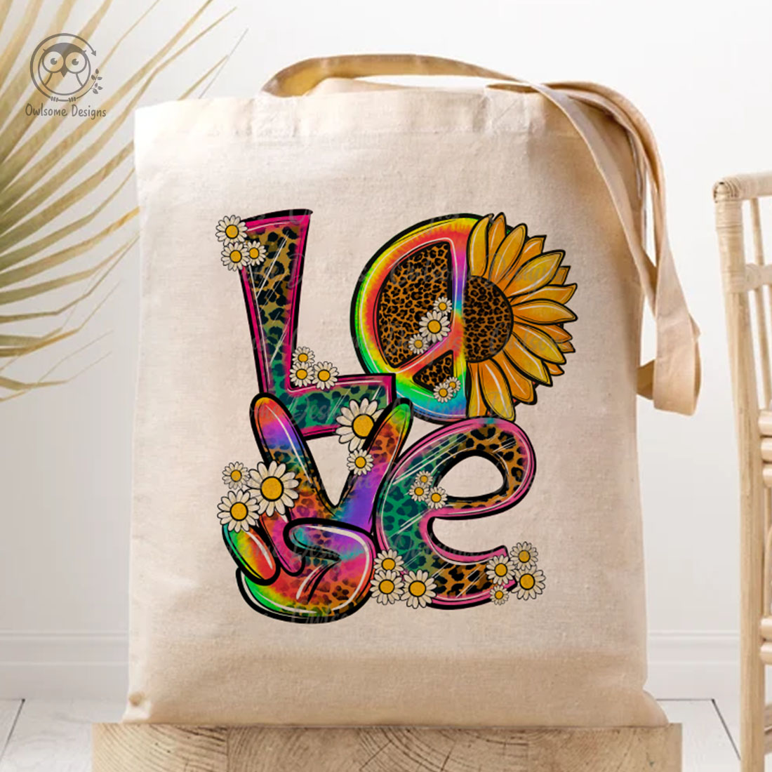 Image of a bag with a charming inscription love in the style of a hippie.
