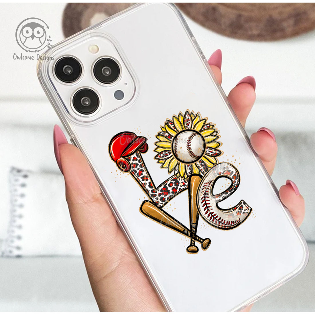 Image of a phone case with a colorful inscription Love with baseball elements.