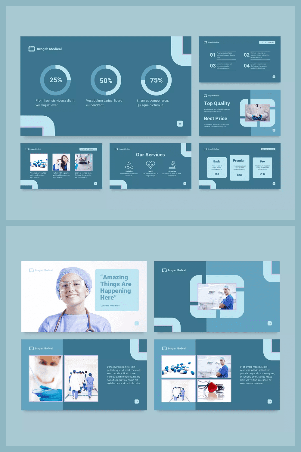 Collage of presentation pages with photos of doctors and pictograms on a blue background.