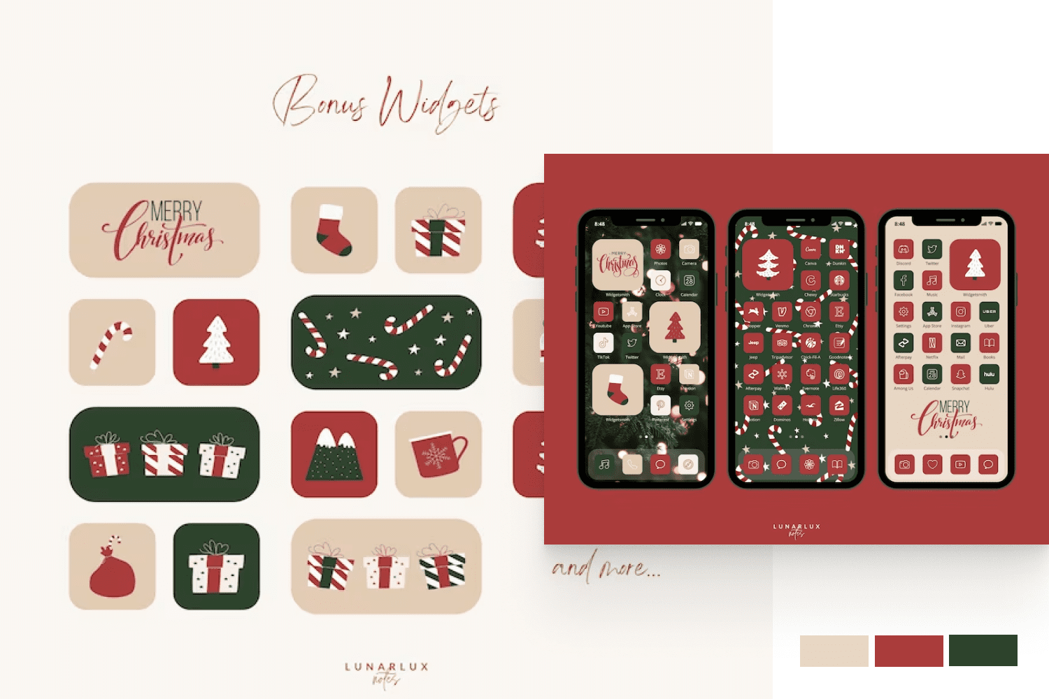 A collage of Christmas themed icons in green, red, white and beige colors.