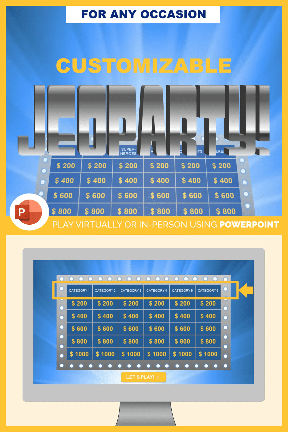 PowerPoint Jeopardy game template on a blue background.