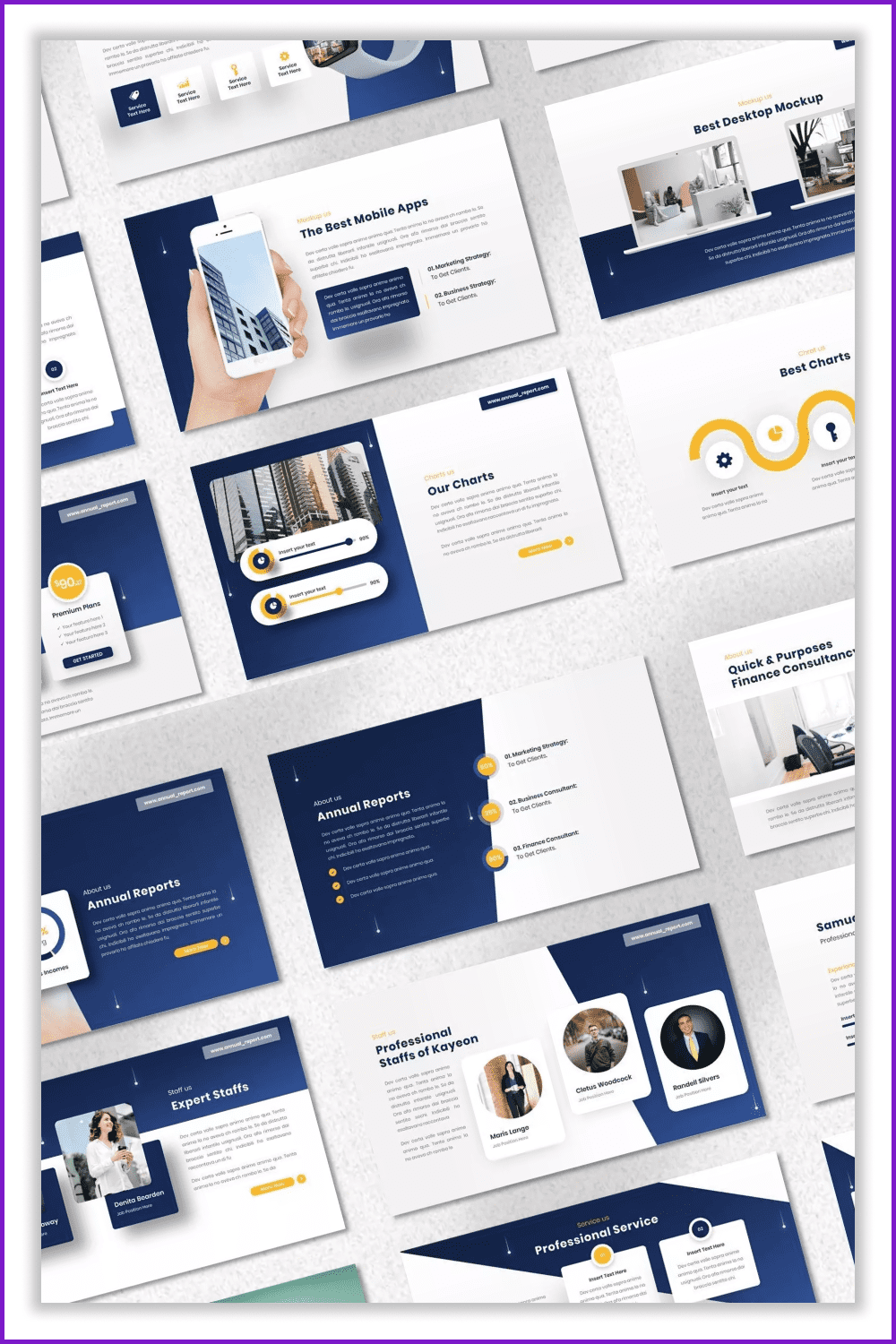 Collage of presentation pages with white background and blue inserts.