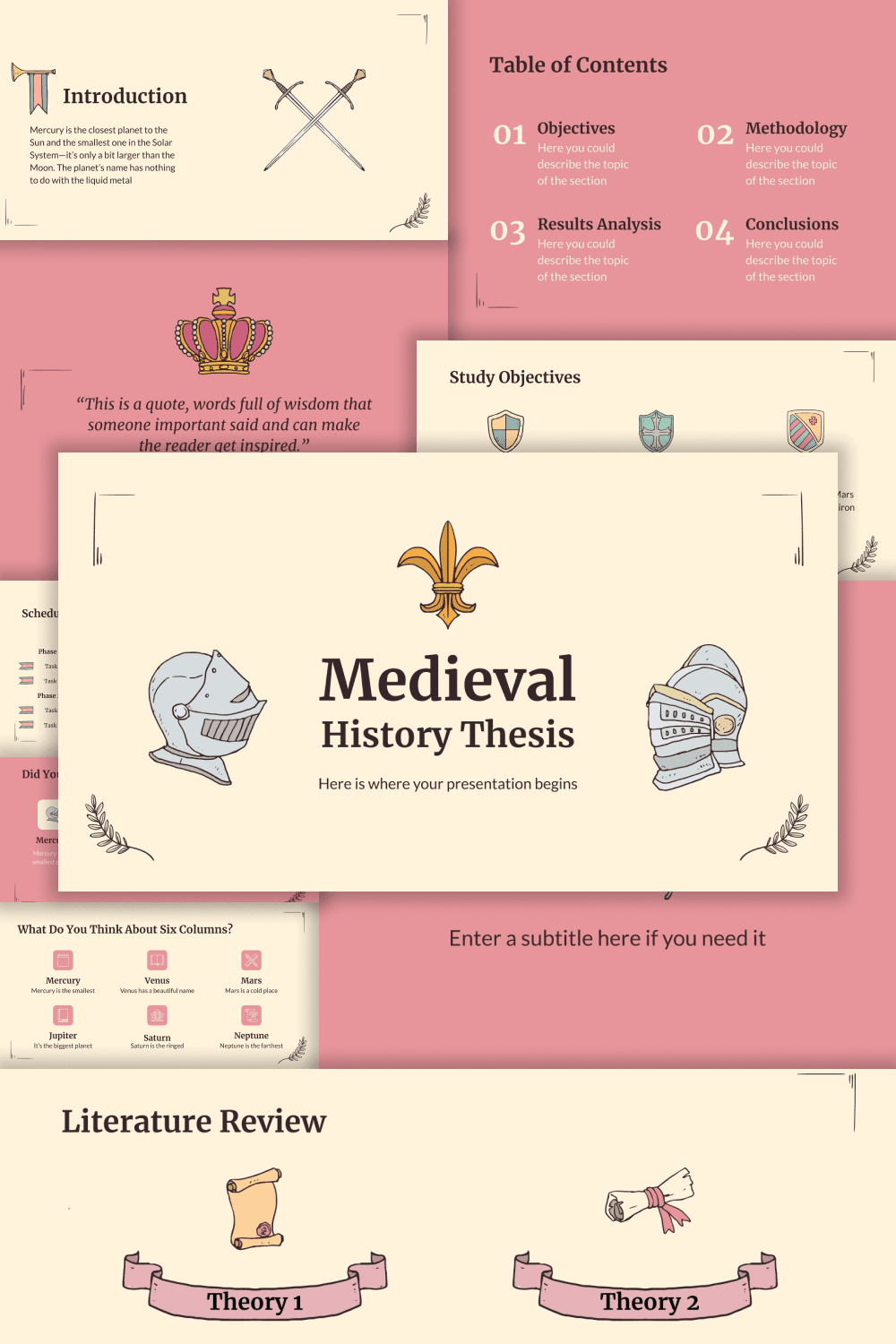 Screenshots of the presentation with pictures of scrolls, knightly armor on yellow and pink backgrounds.