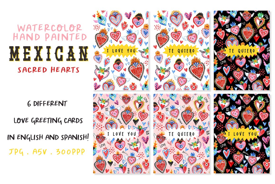 Black-red lettering "Mexican Sacred Hearts" and 6 different love greeting cards in english and spanish lettering "I love you" with hand-painted mexican hearts on a white background.