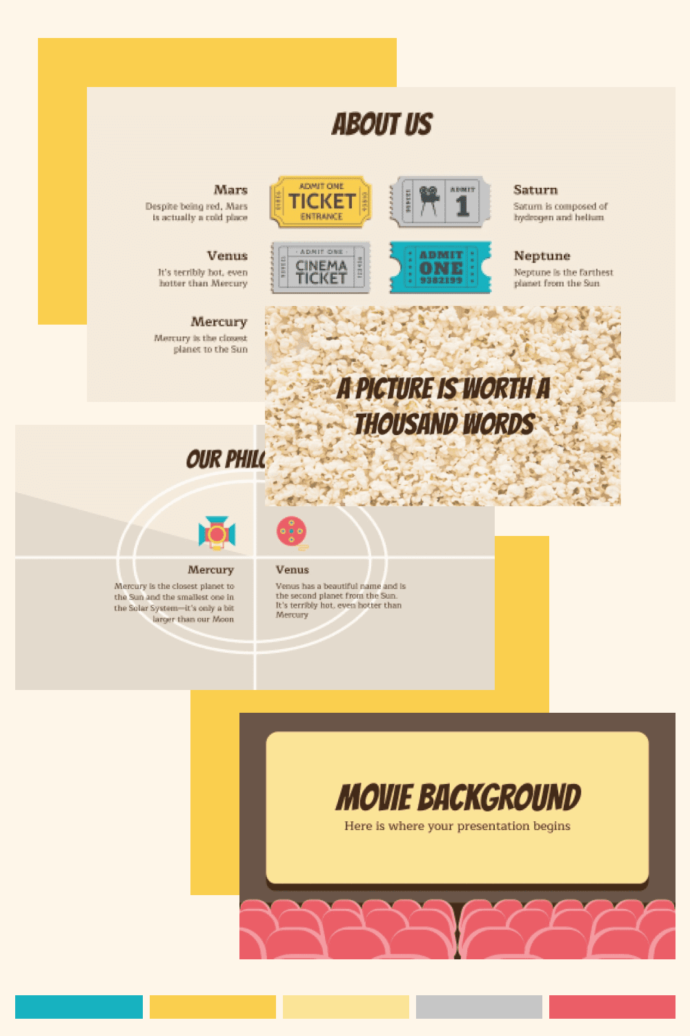 Collage of presentation pages with beige background and images of movie tickets, popcorn and auditorium.