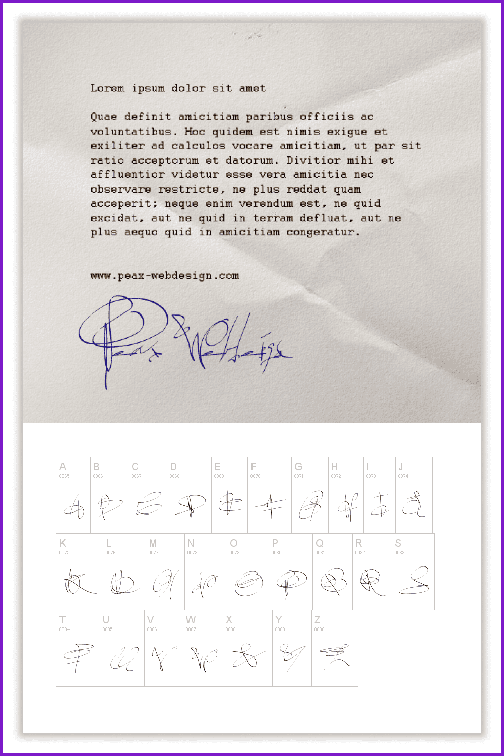 Alphabet in font on a white background and an example of a signature in a letter.