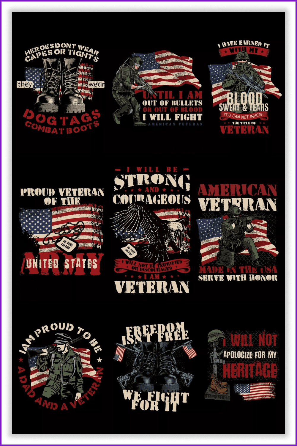 Collage of images of prints with the American flag on a black background.