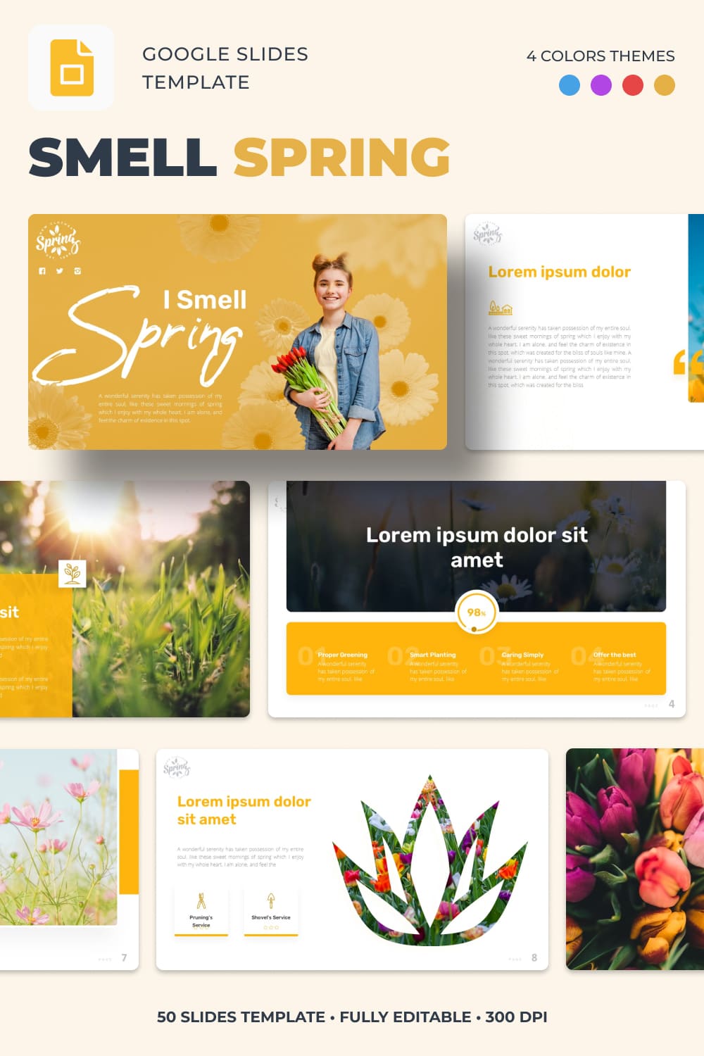 Set of images of charming presentation slides on the theme of spring.