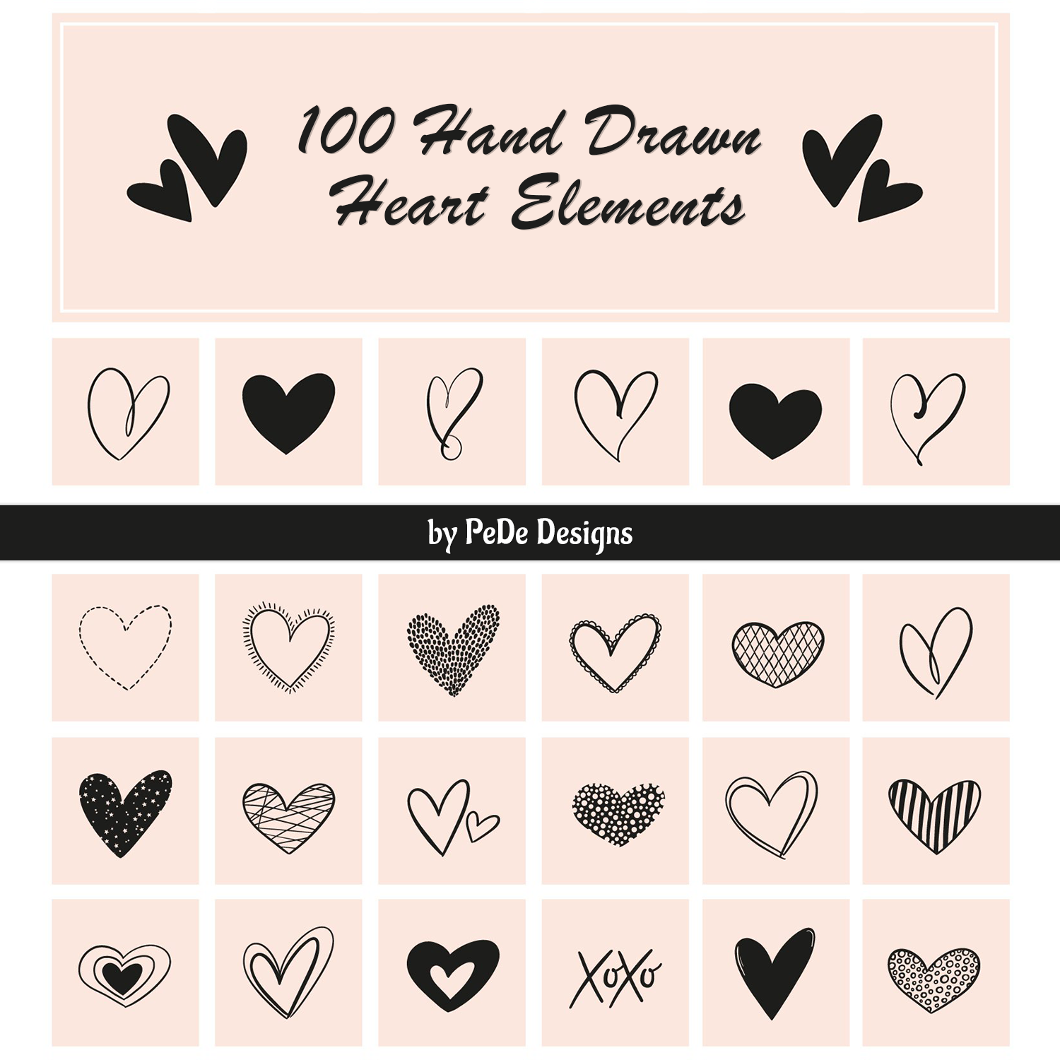 100 Hand Drawn Heart Elements cover.