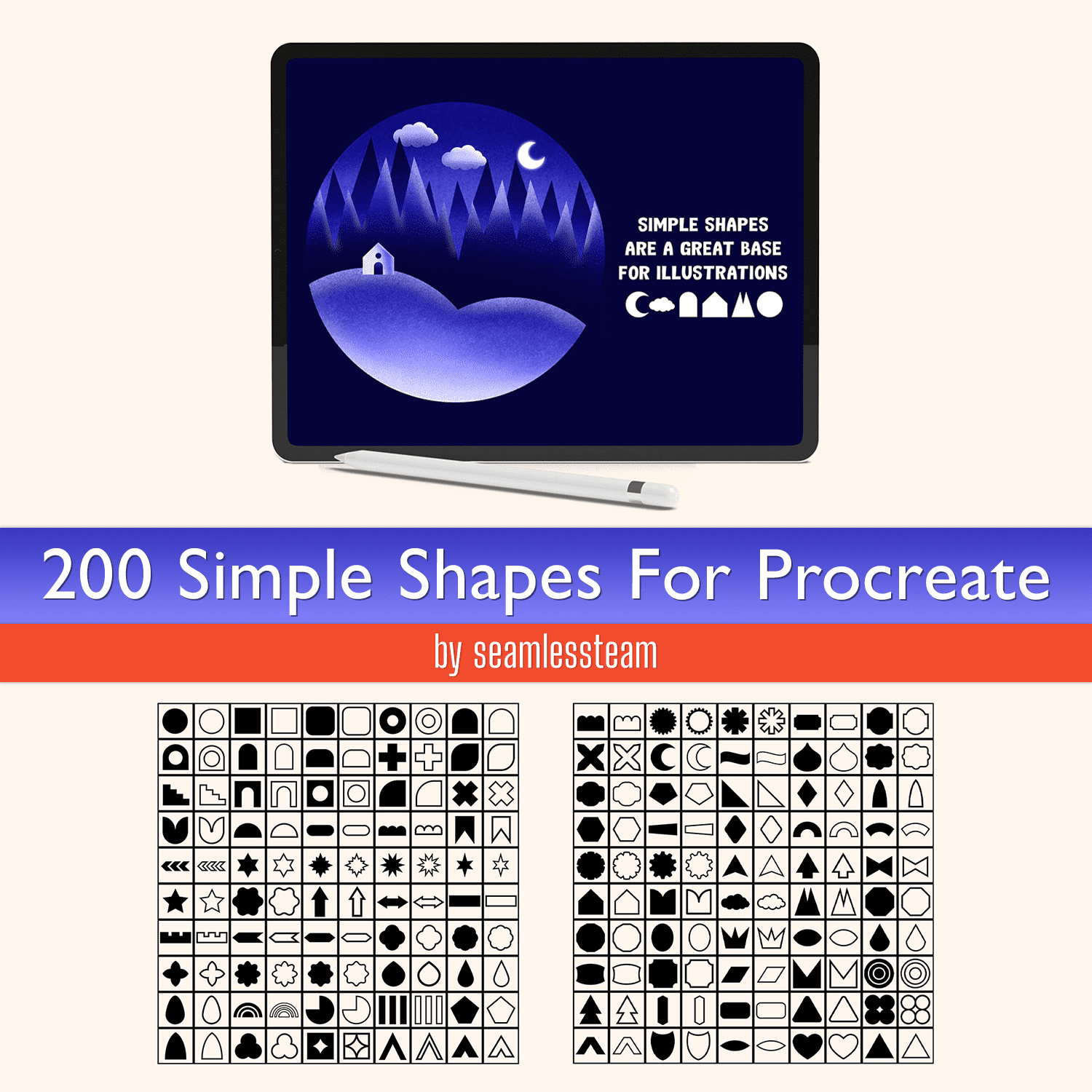 200 Simple Shapes For Procreate created by seamless team.