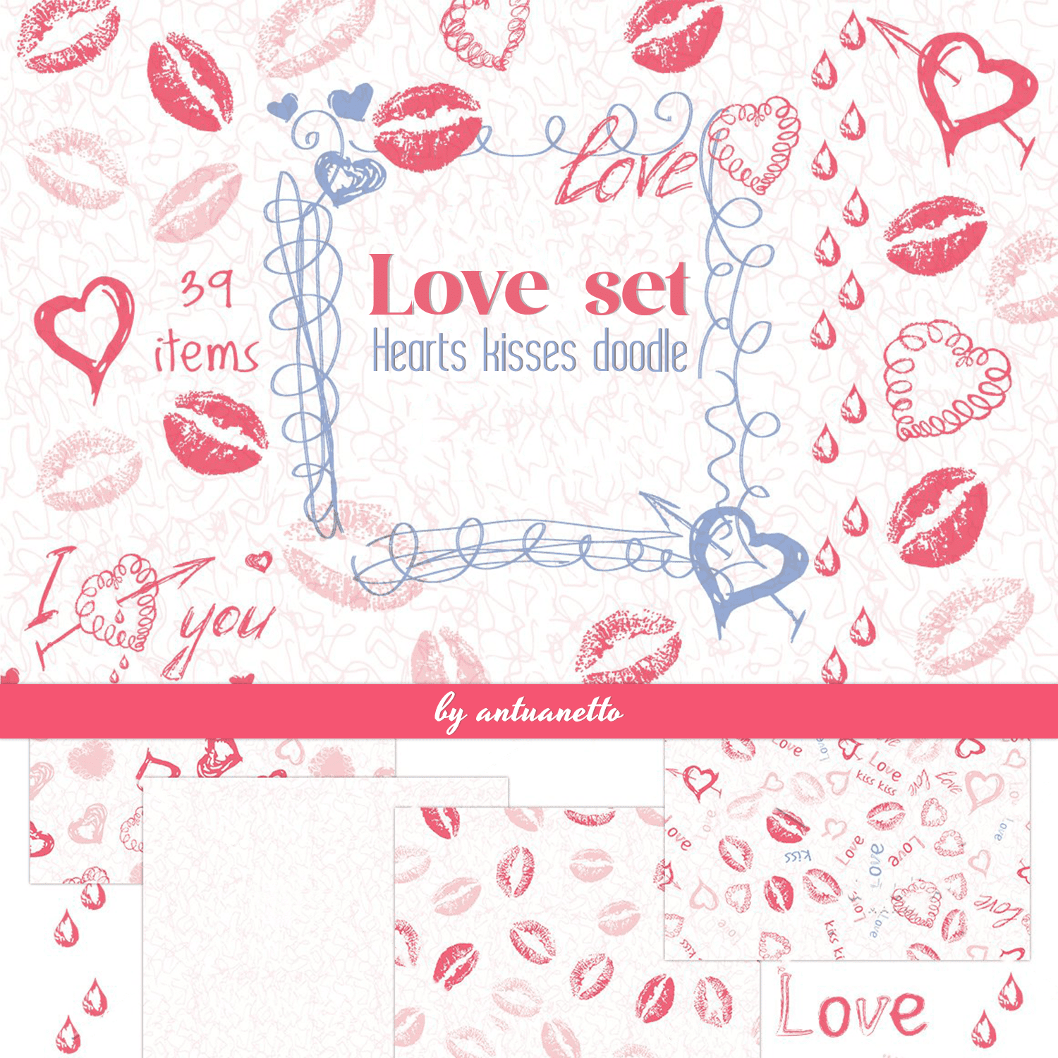 Love set. Hearts kisses doodle by antuanetto.