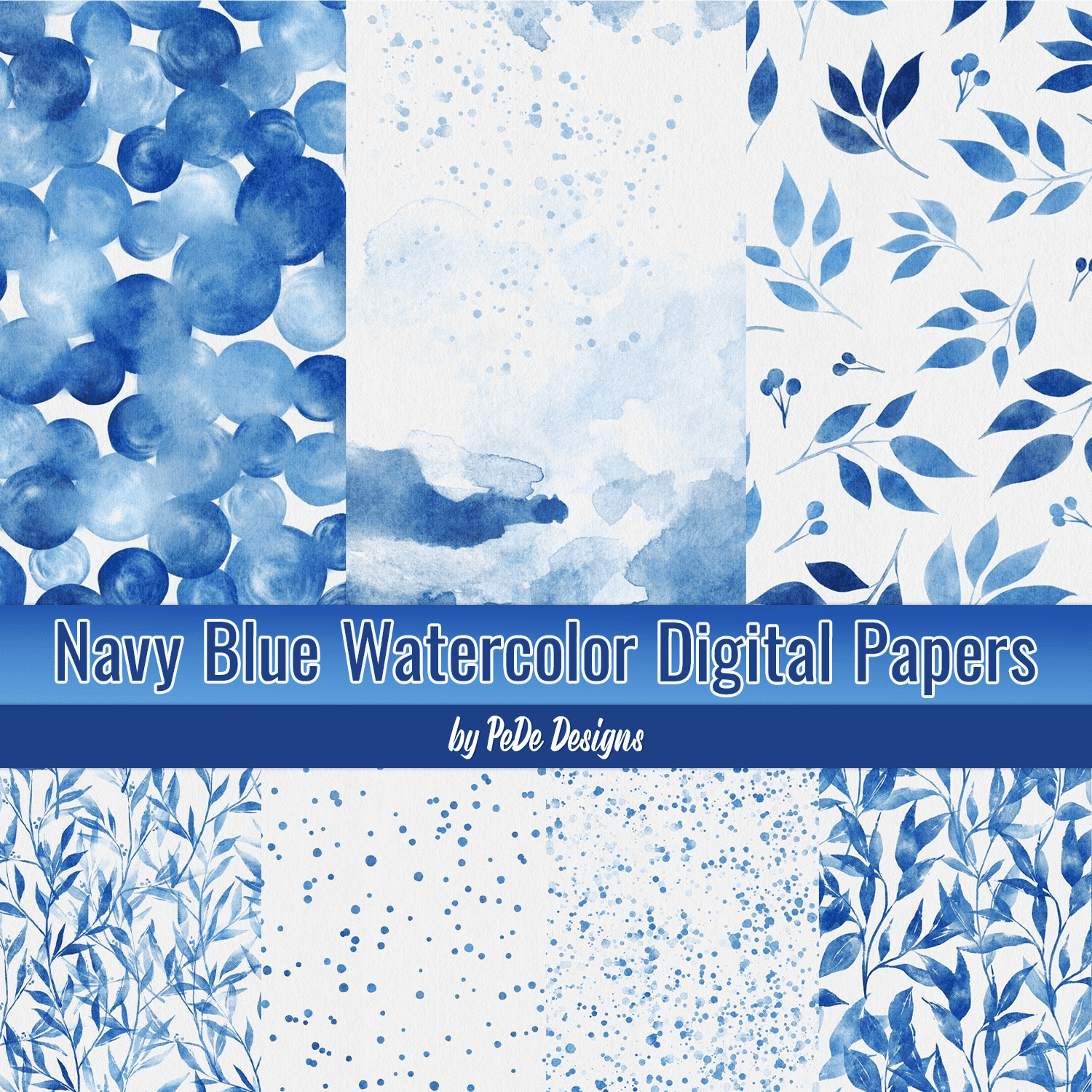 Navy Blue Watercolor Digital Papers Cover.