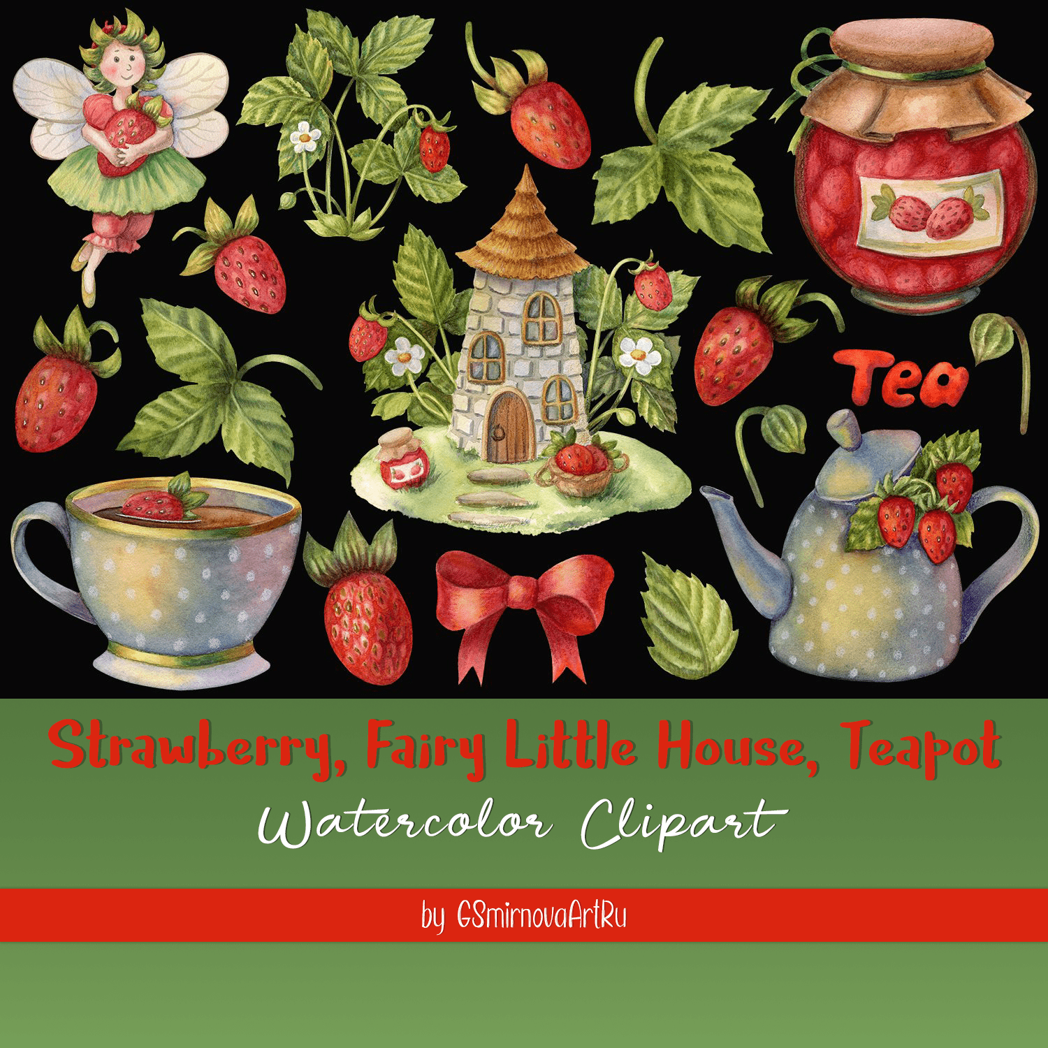 Strawberry, Watercolor Clipart, Fairy Little House, Teapot Cover.