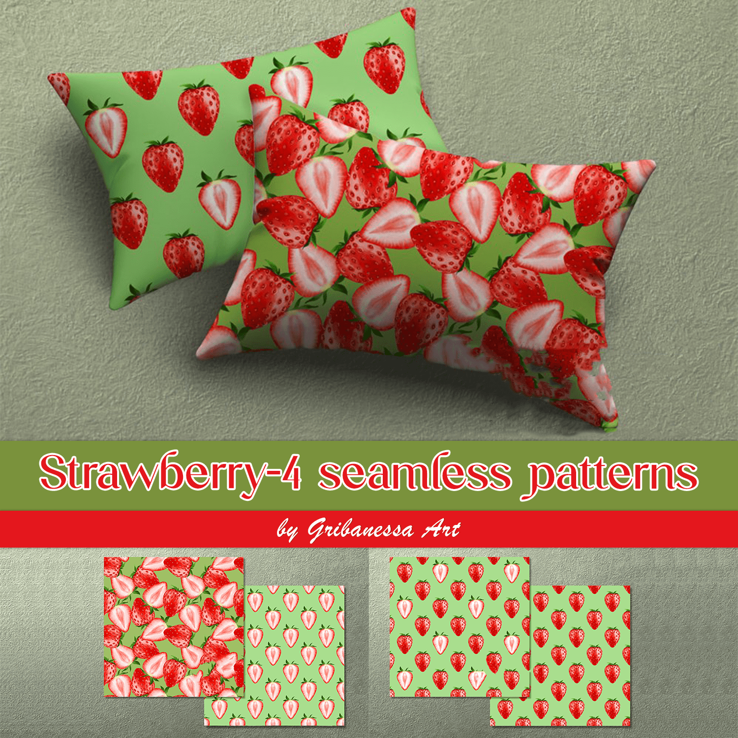 Strawberry. 4 Seamless Patterns Cover.