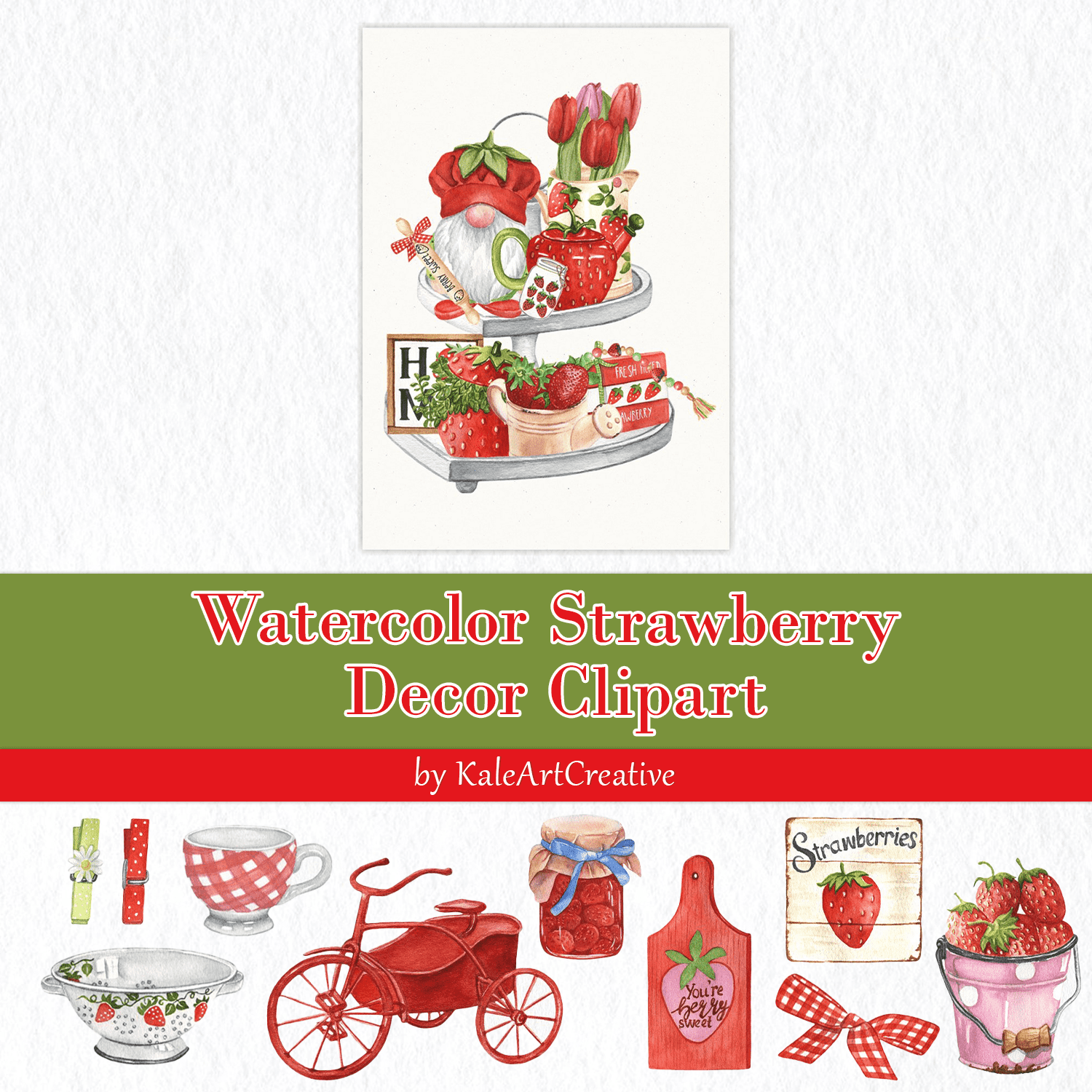 Watercolor Strawberry Decor Clipart. Farmhouse Kitchen Decor Cover.
