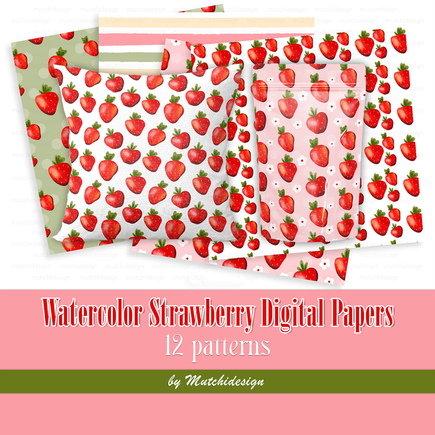 Watercolor Strawberry Digital Papers Created By Mutchidesign.