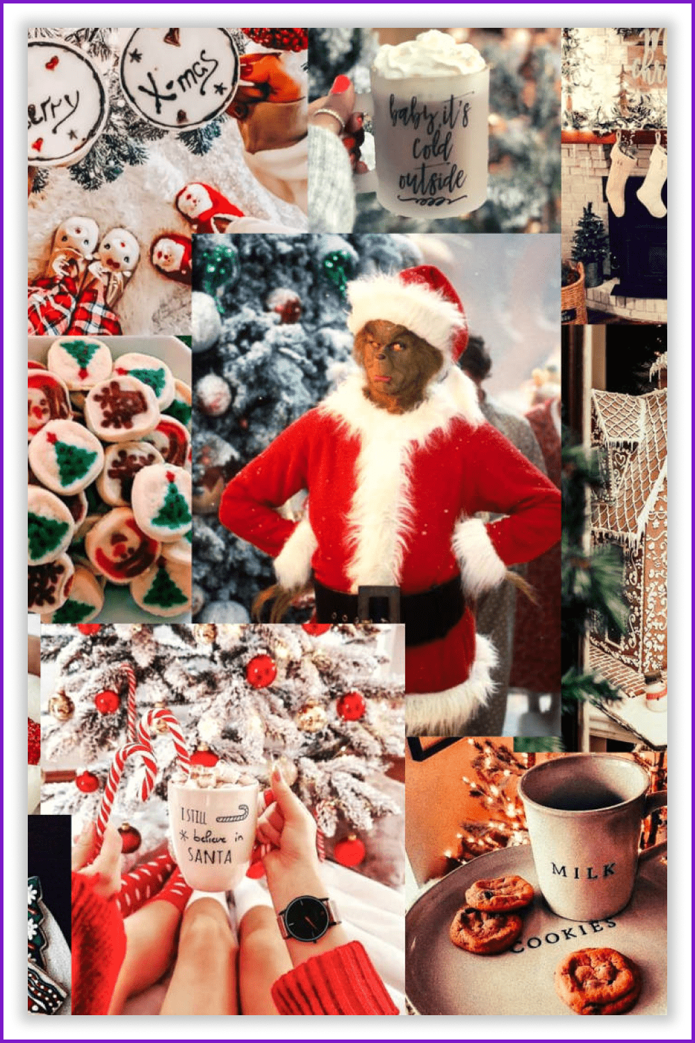 Collage of photos of Christmas scenes with Grinch coffee and mugs.