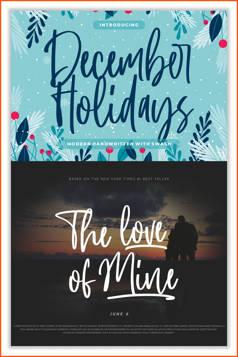 Beautiful handwritten font on a blue background and on the background of a photo with a sunset.