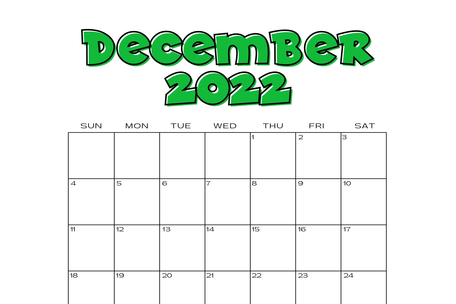 December calendar with big green letters and simple date table.