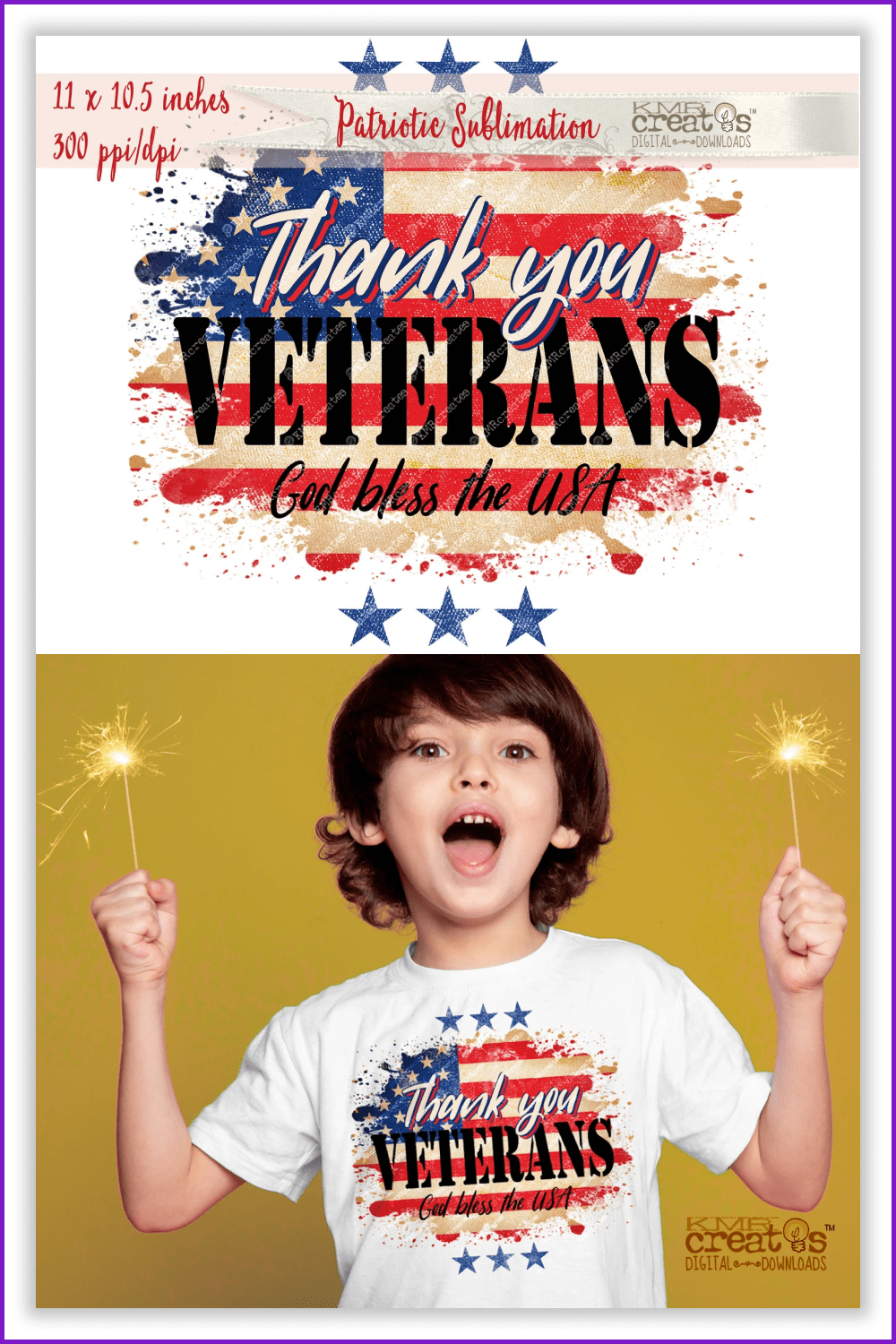 Collage of american flag and lettering and boy in white t-shirt.