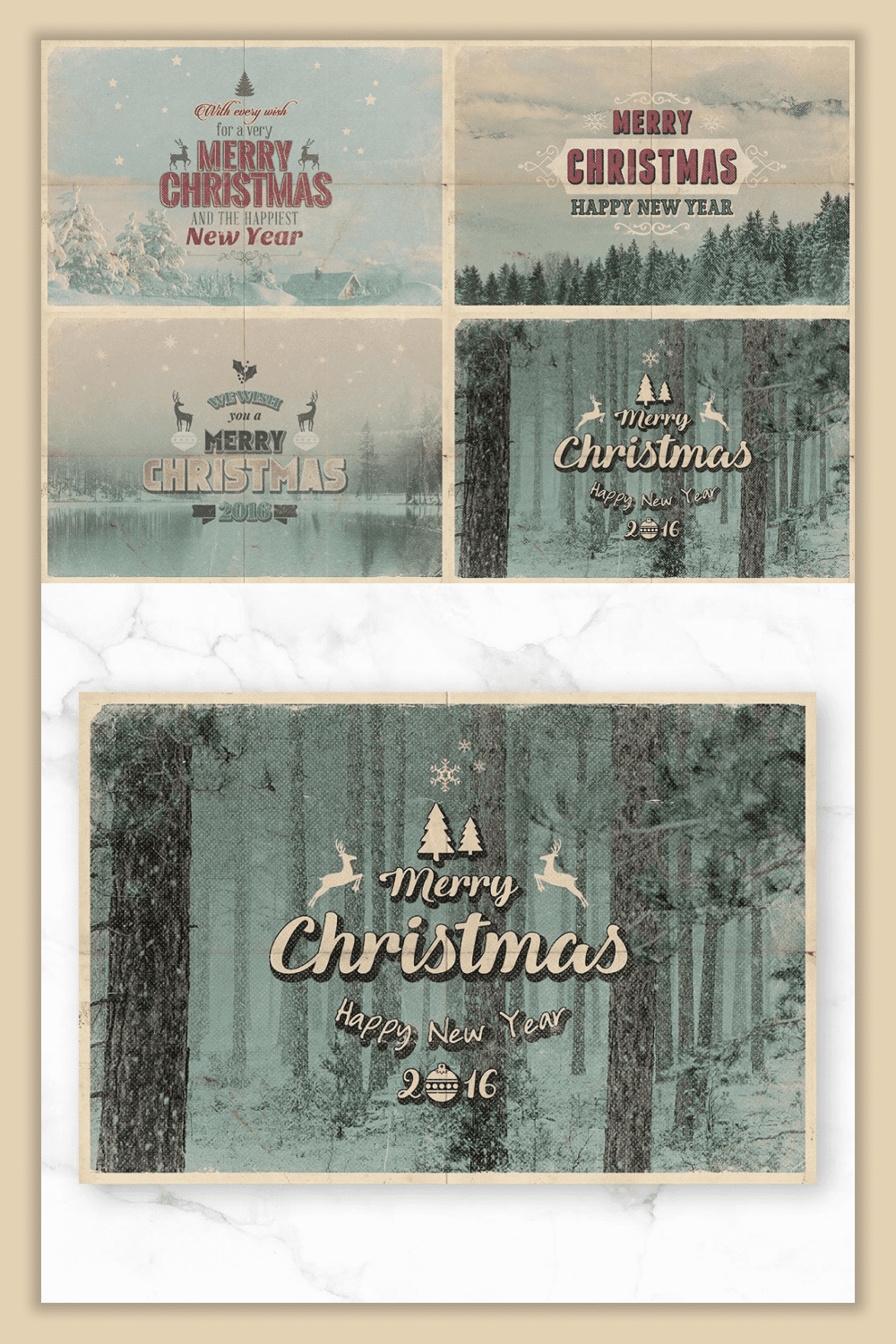 Collage of vintage christmas cards with forest and lake.