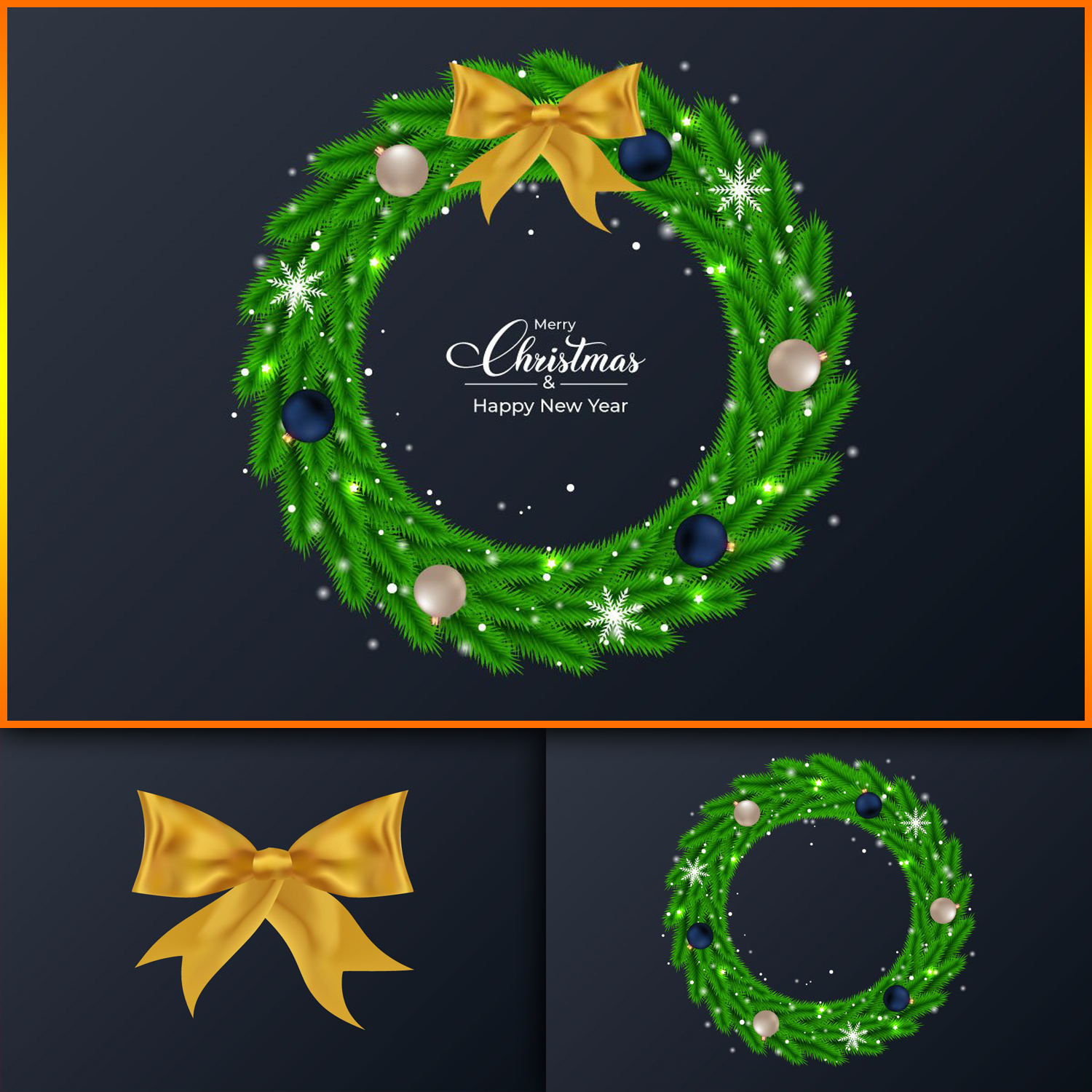 Christmas Wreath on Dark Blue Background.