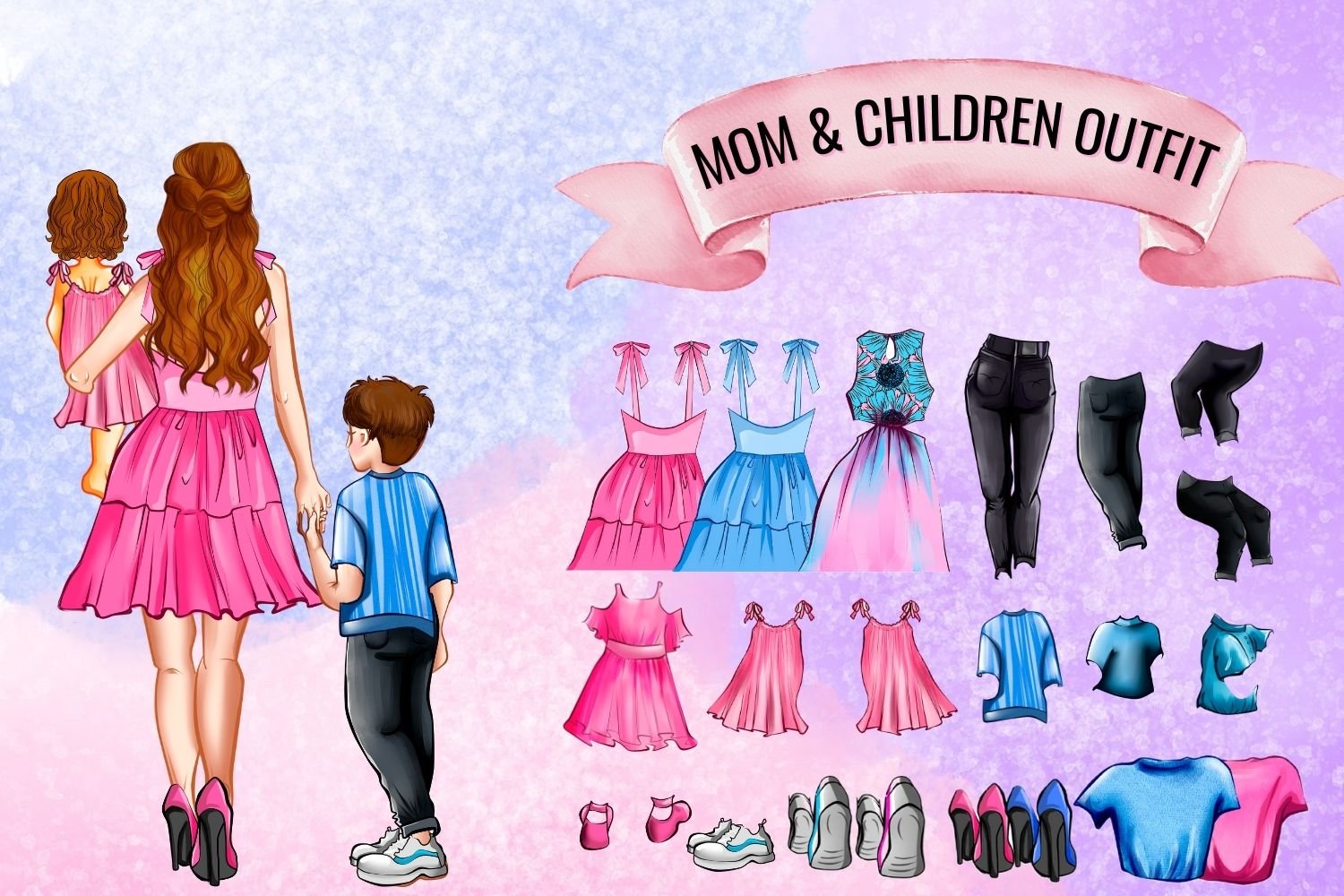 Mom and children outfit set.