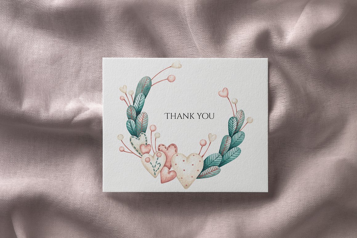White card with black lettering "Thank you" and illustration with hearts.