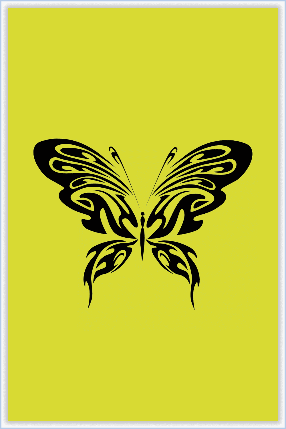 Butterfly in black from above with smooth lines on a yellow background.