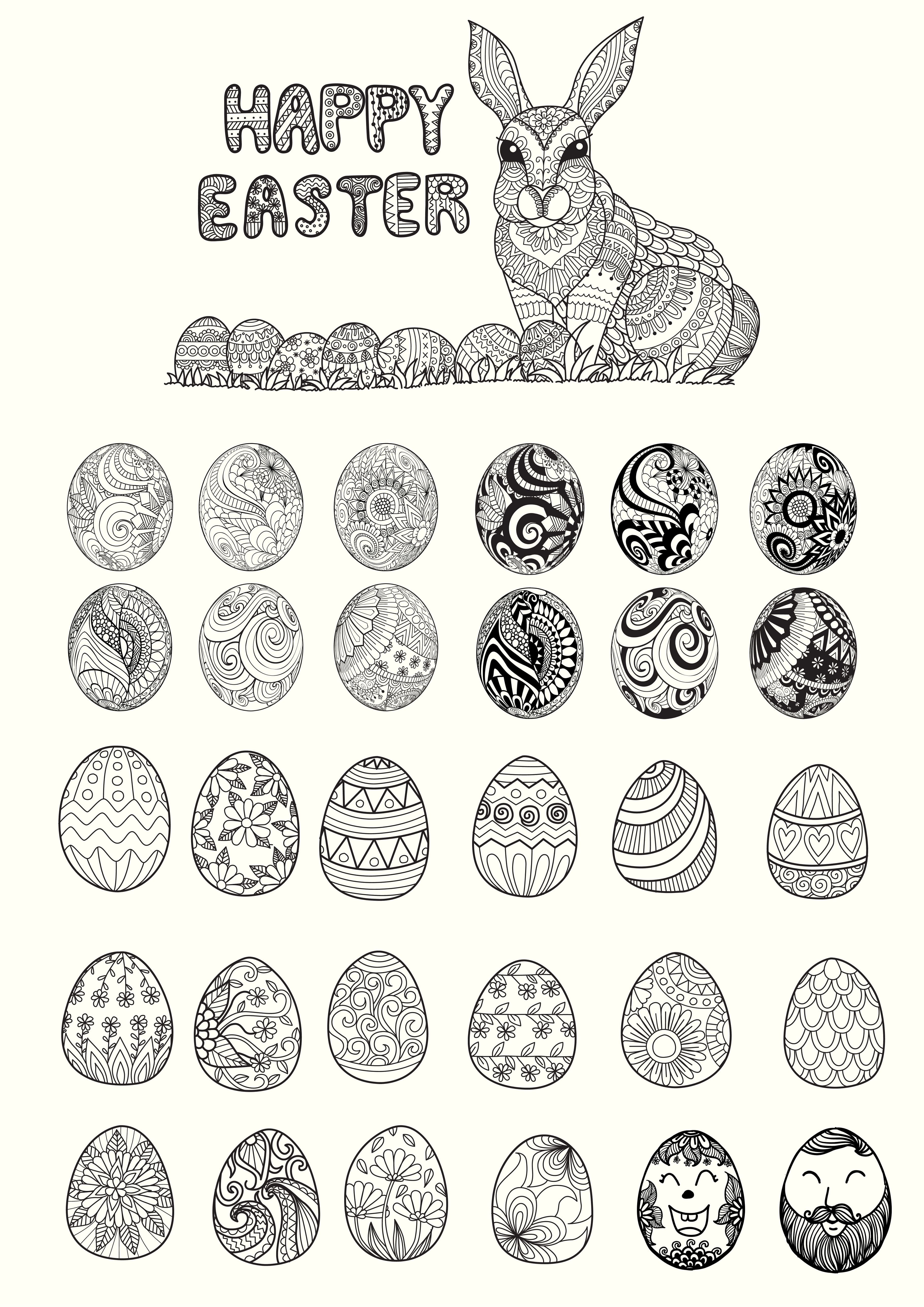 Lettering "Happy Easter", illustration of easter bunny and 30 different easter eggs.