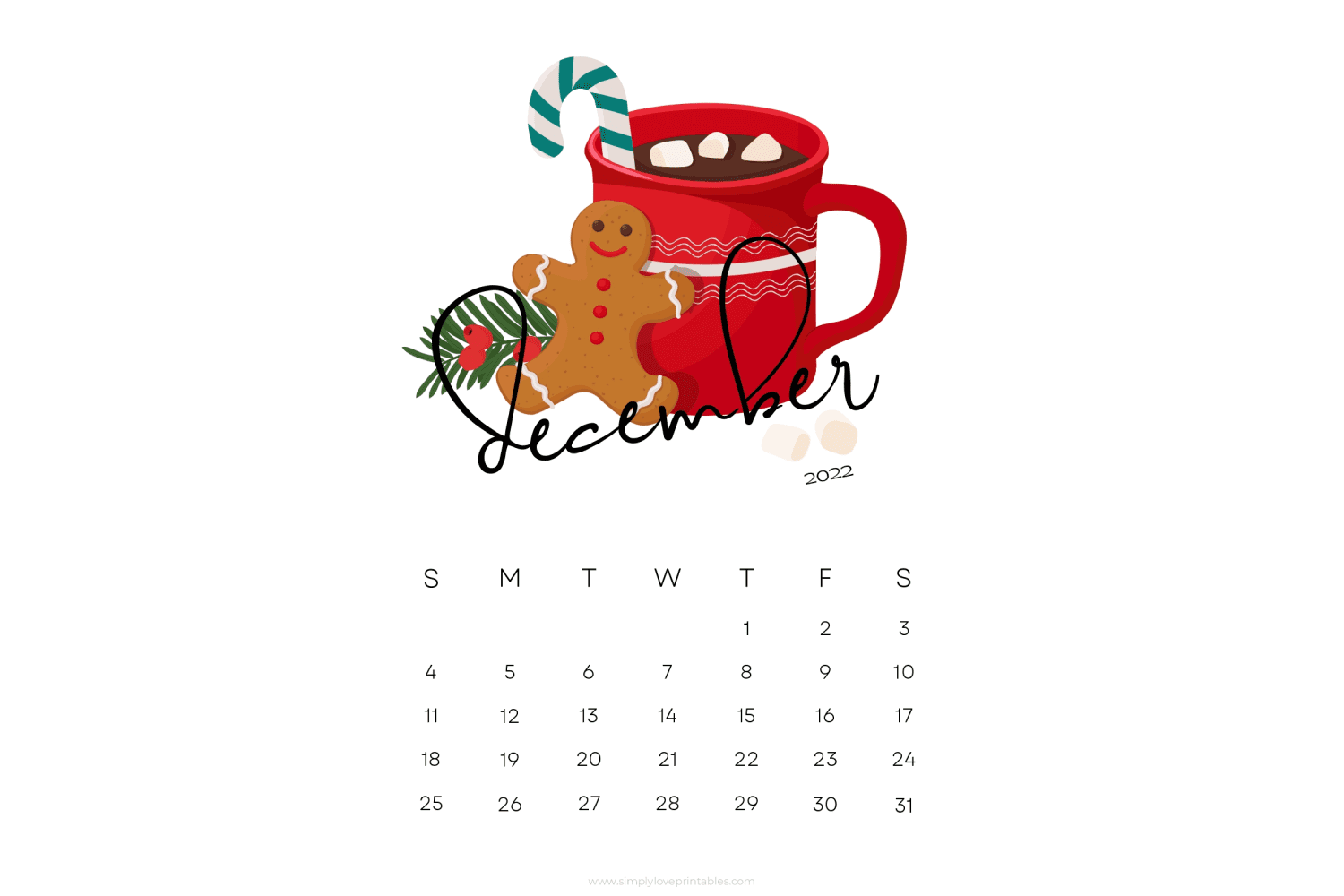December calendar with red mug and cookies.