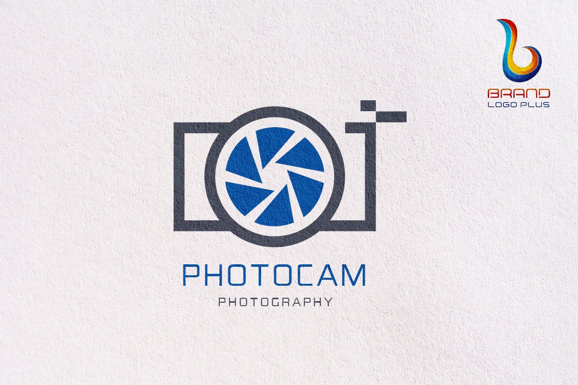 laconic camera logo with blue elements.